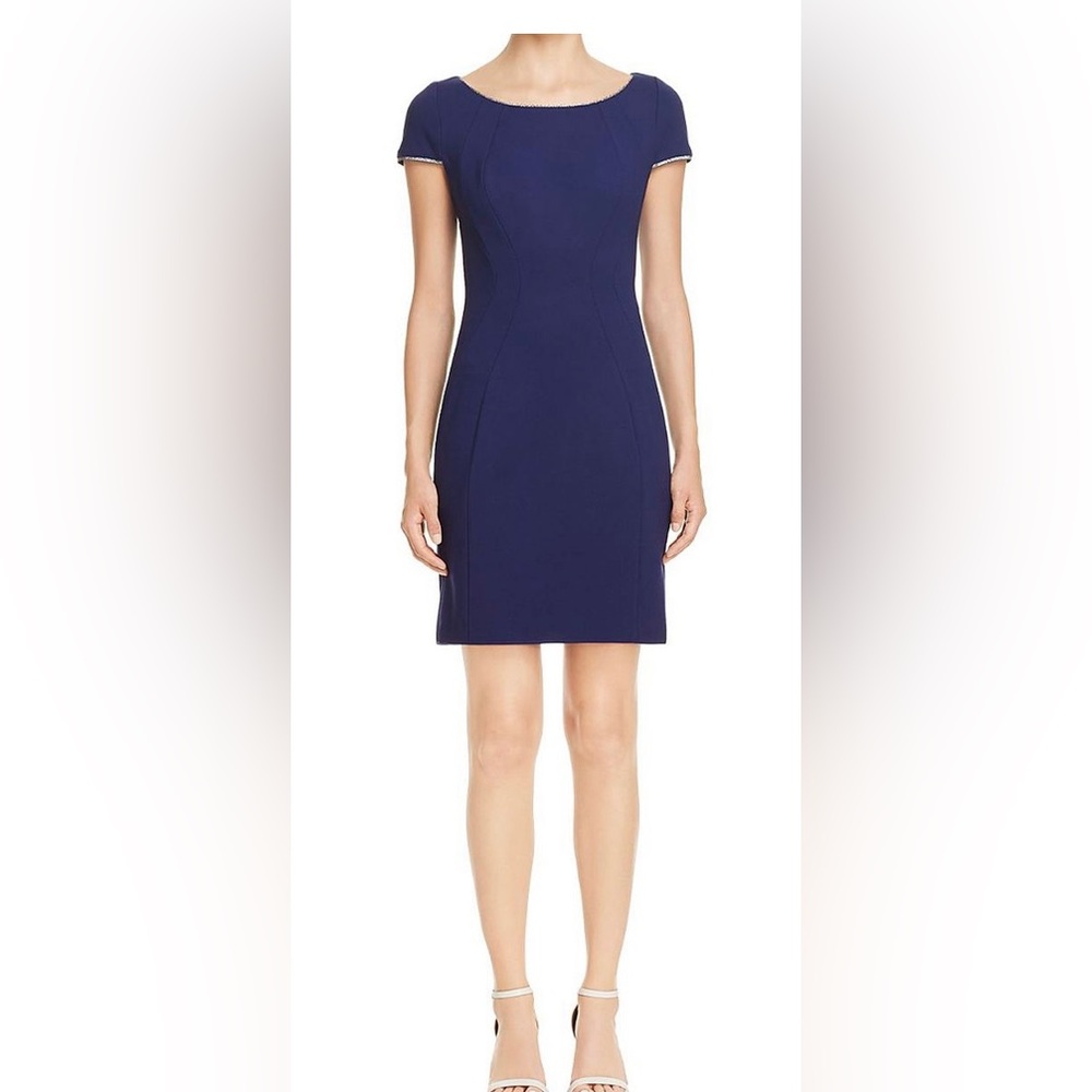 NWT T TAHARI Women's Pepita Metallic-trimmed Sheath Dress Blueberry size 10
